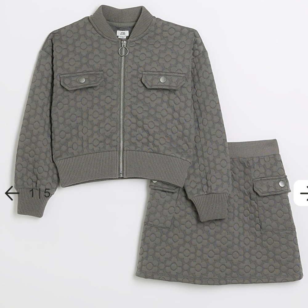 Girls Grey Floral Quilted Bomber Jacket Set